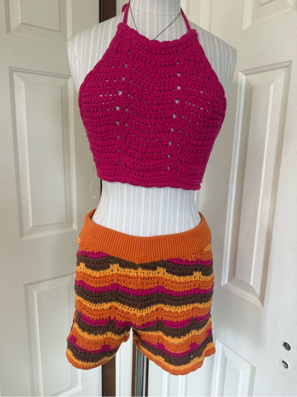 2 piece cotton on. Fuchsia Crop Top and Multicolor Crochet Shorts Set